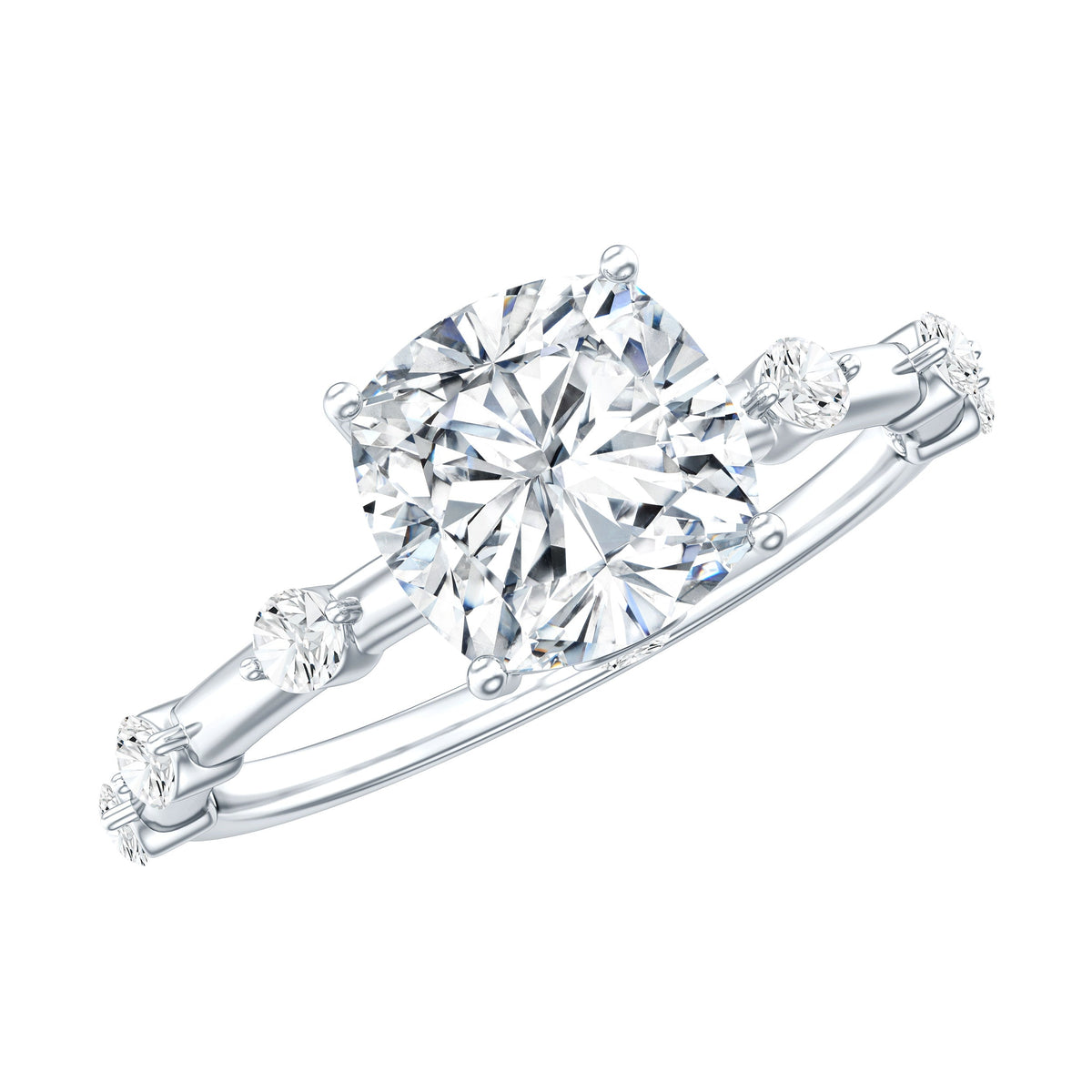 White metal cushion-cut diamond solitaire engagement ring with small side diamonds