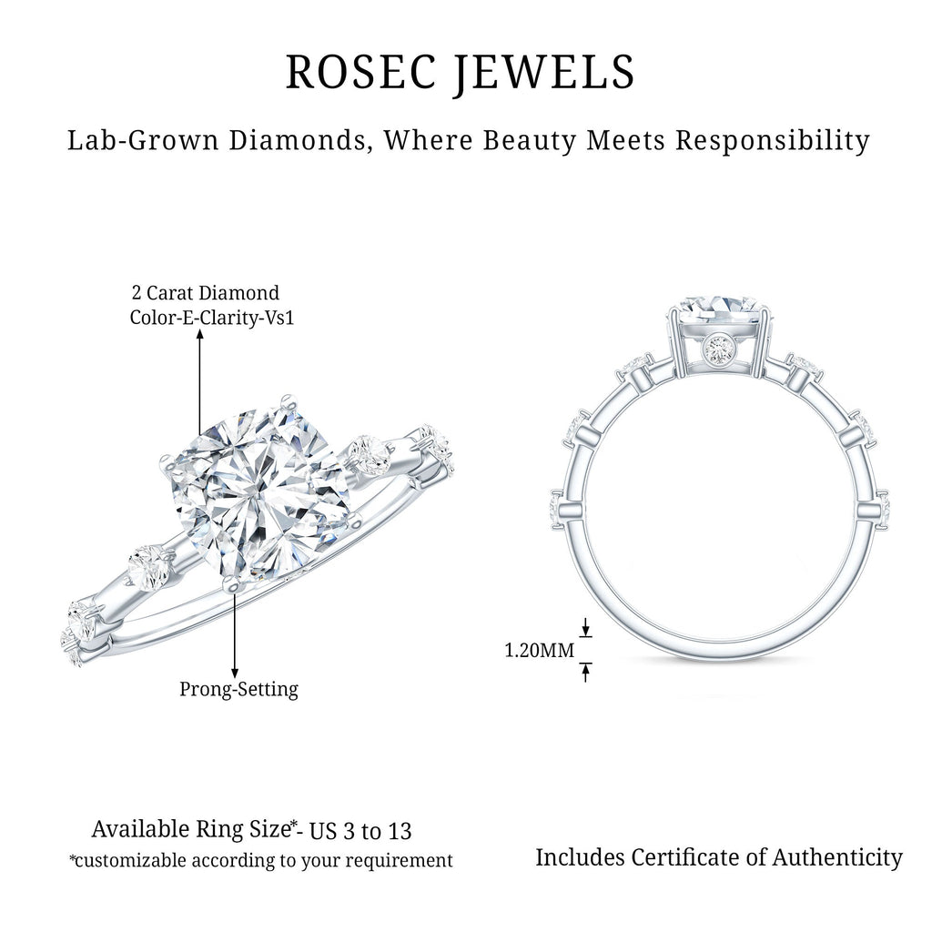 Cushion-cut lab diamond solitaire ring, front and prong side view