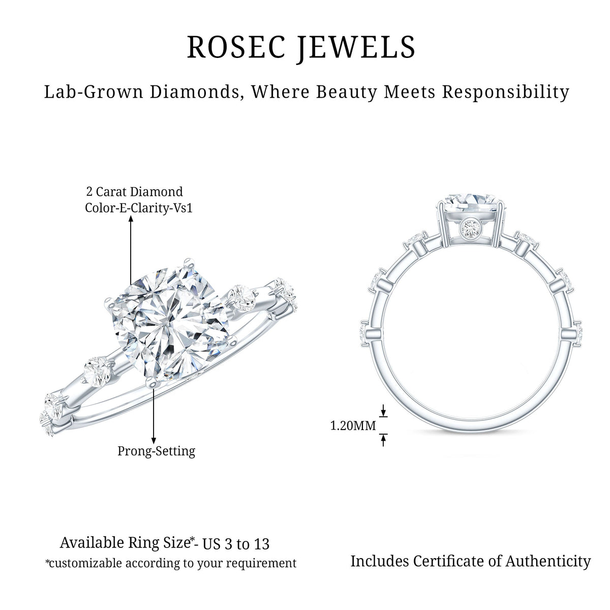 Cushion-cut lab diamond solitaire ring, front and prong side view