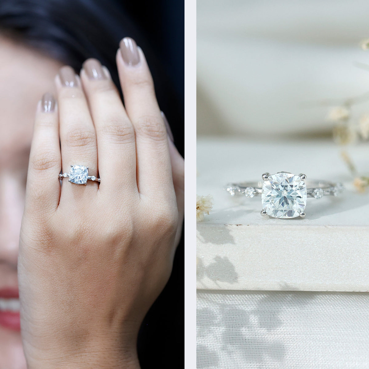 White metal solitaire engagement ring with cushion-cut center diamond and side stones
