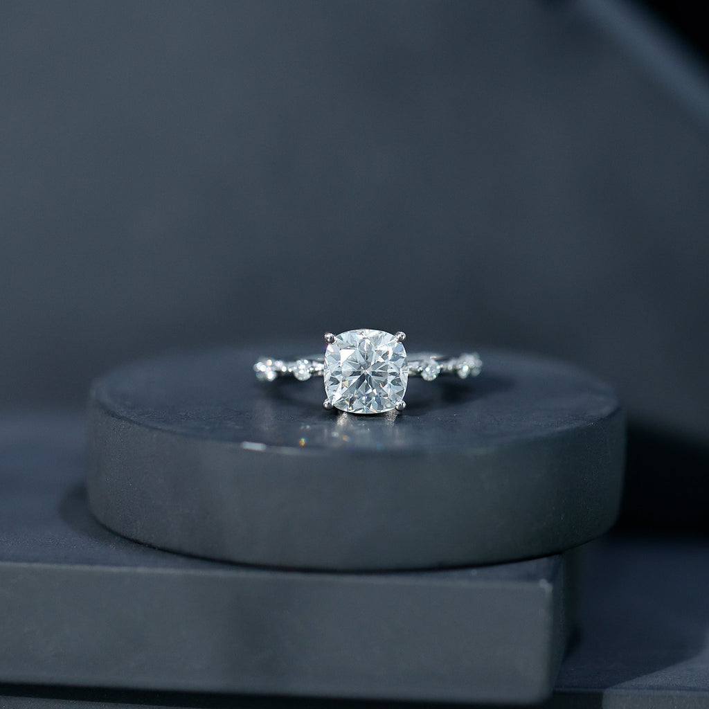 Cushion-cut lab diamond solitaire ring with side accent stones