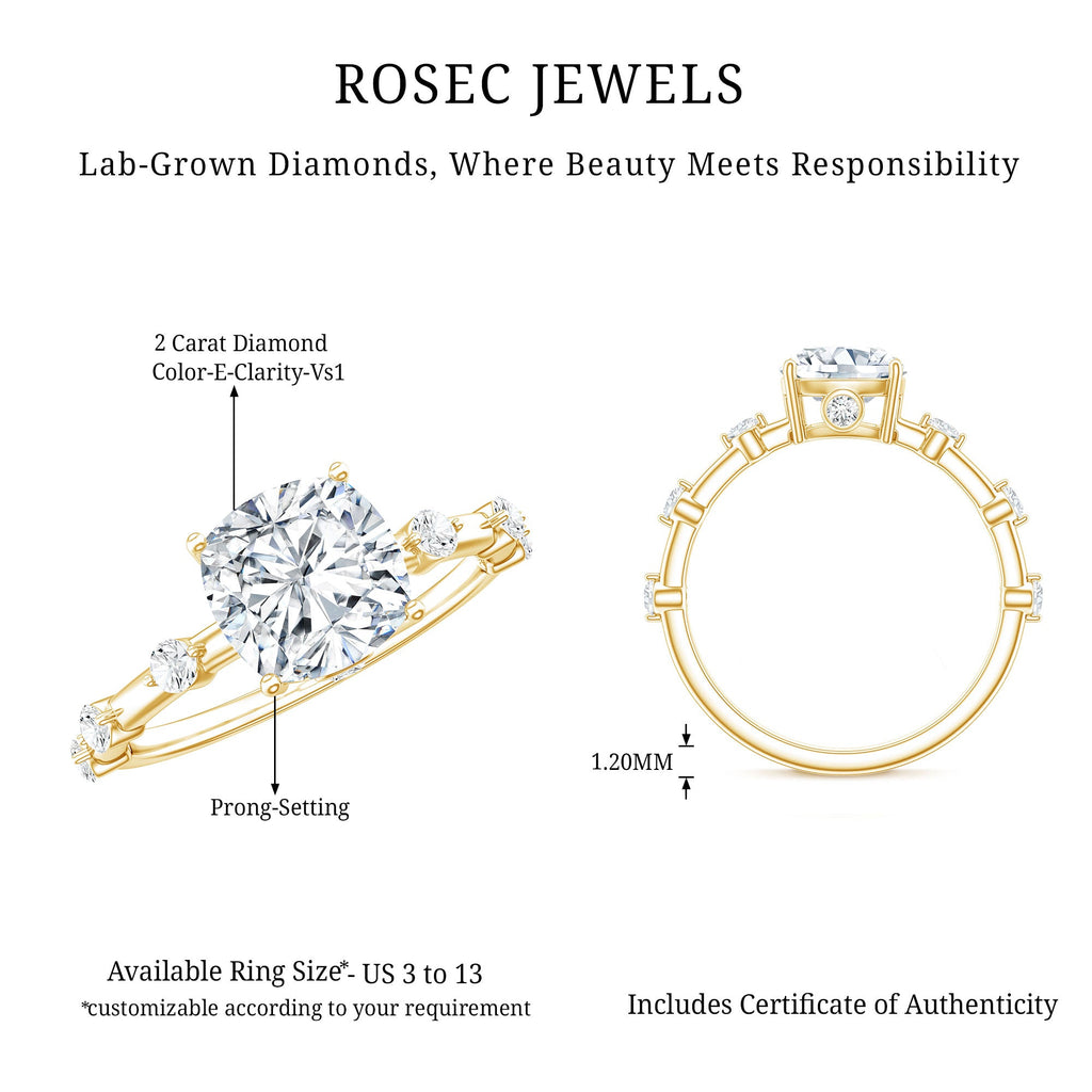 Gold-tone cushion-cut diamond solitaire ring diagram with prong setting and side stones