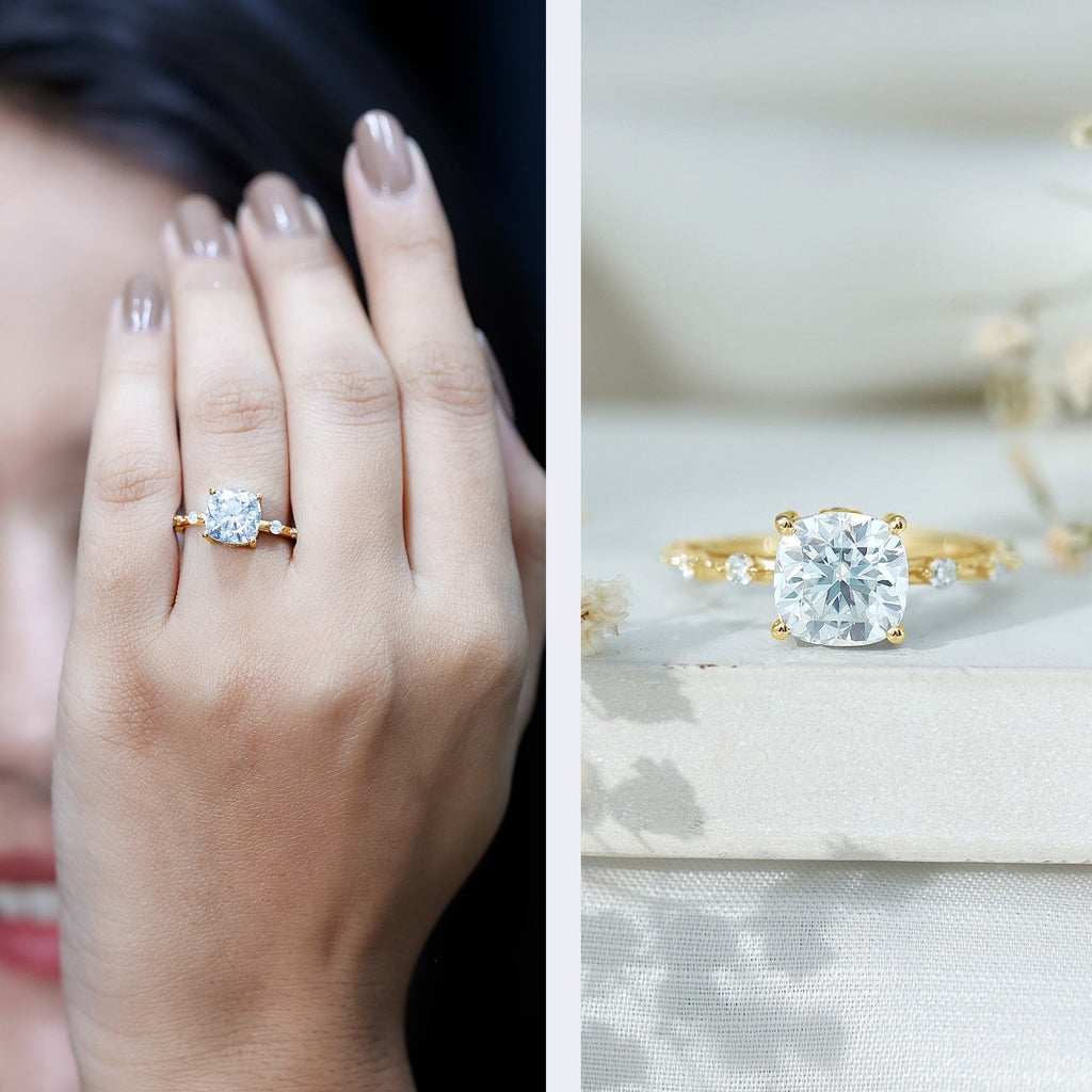 Yellow gold solitaire engagement ring with cushion-cut center diamond and side stones