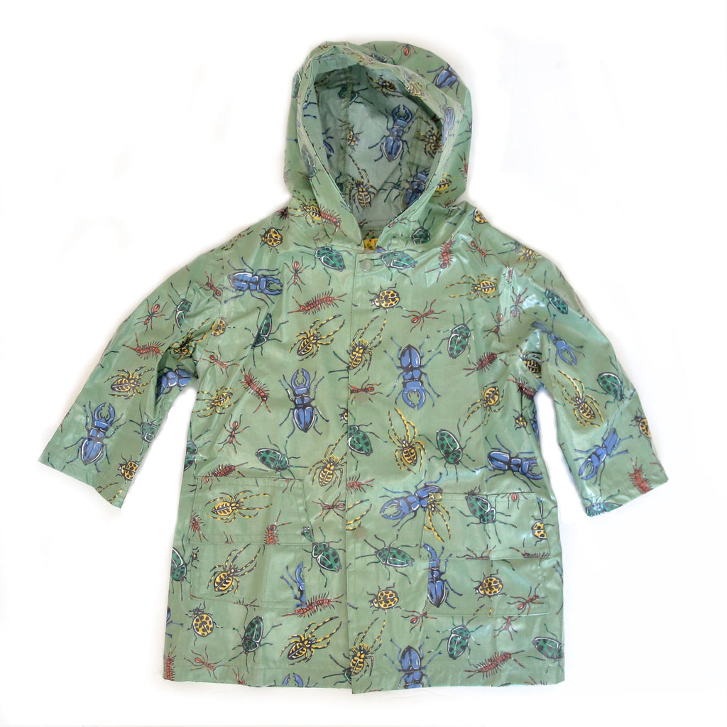 Green hooded raincoat with blue and yellow bug pattern, front zipper