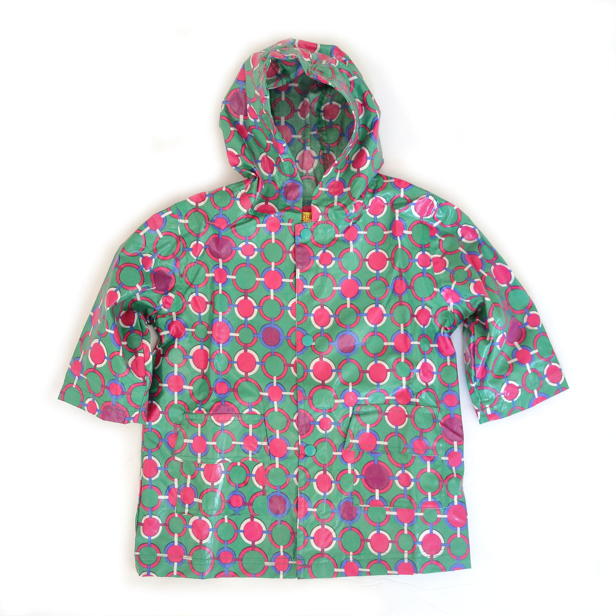 Green hooded raincoat with circular chain pattern, side profile view