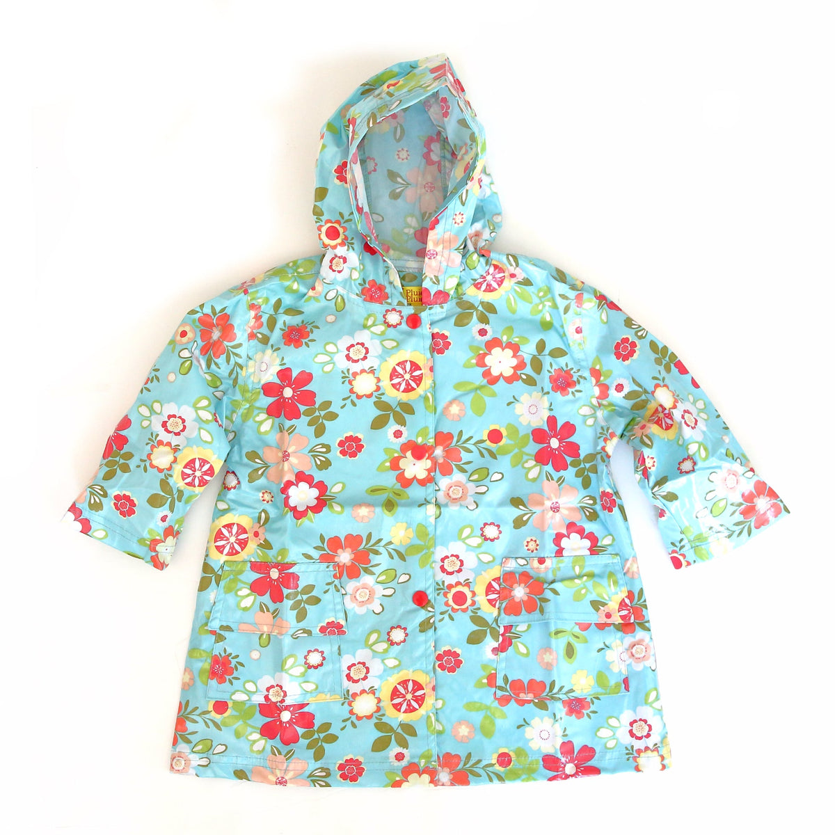 Light blue floral hooded raincoat with full-length zipper and long sleeves