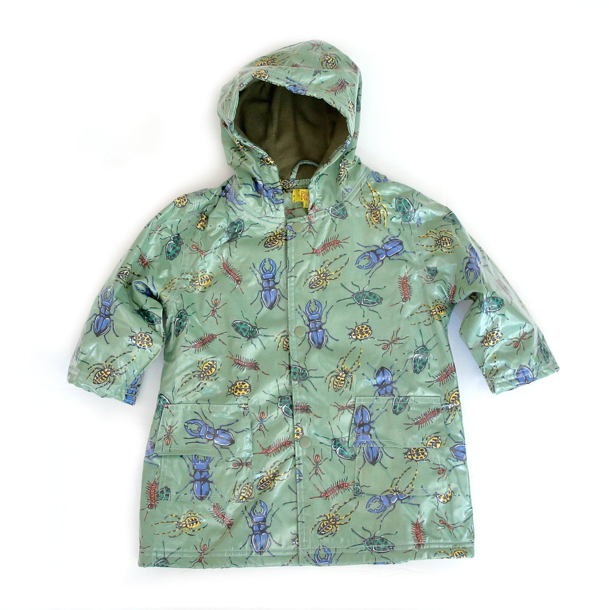 Green bug print hooded raincoat with front zipper and elastic cuffs