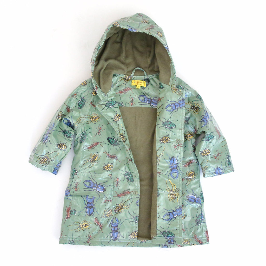 Green bug print raincoat, hooded, with tan lining visible at front
