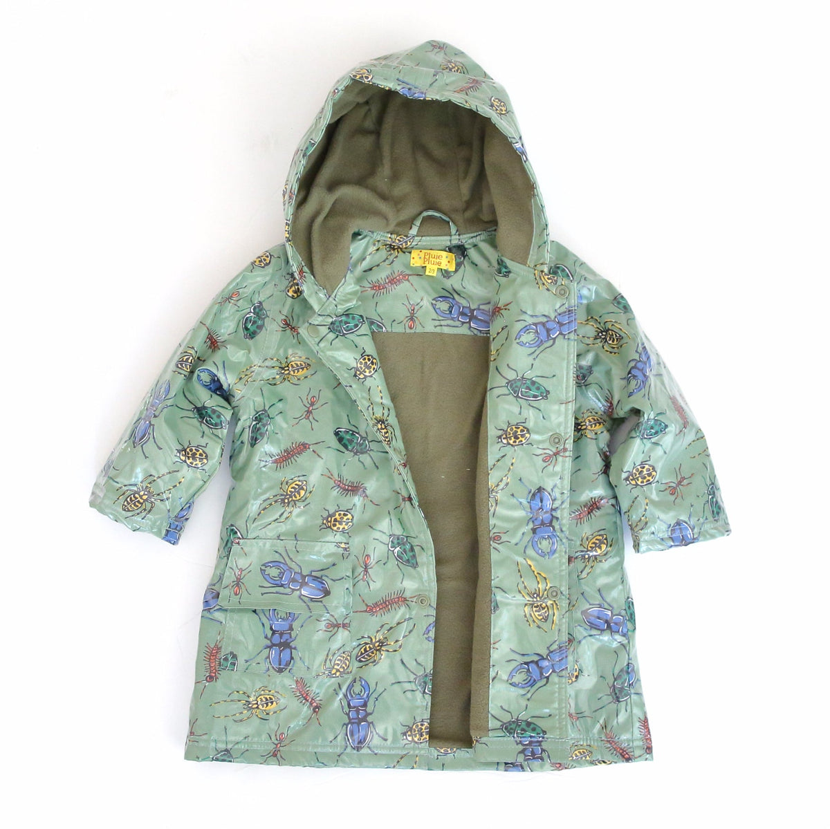 Green bug print raincoat, hooded, with tan lining visible at front