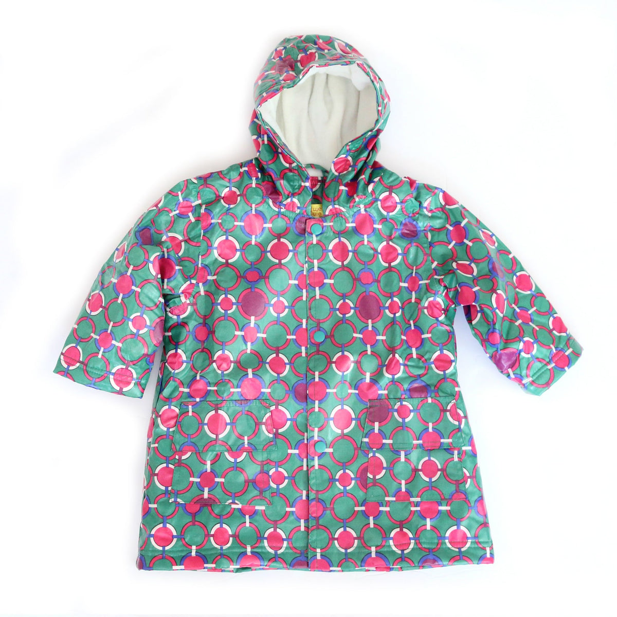 Green hooded raincoat with circular chain pattern, button-front, short sleeves