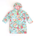 Kids light blue floral raincoat with hood, full-length zipper and pink lining