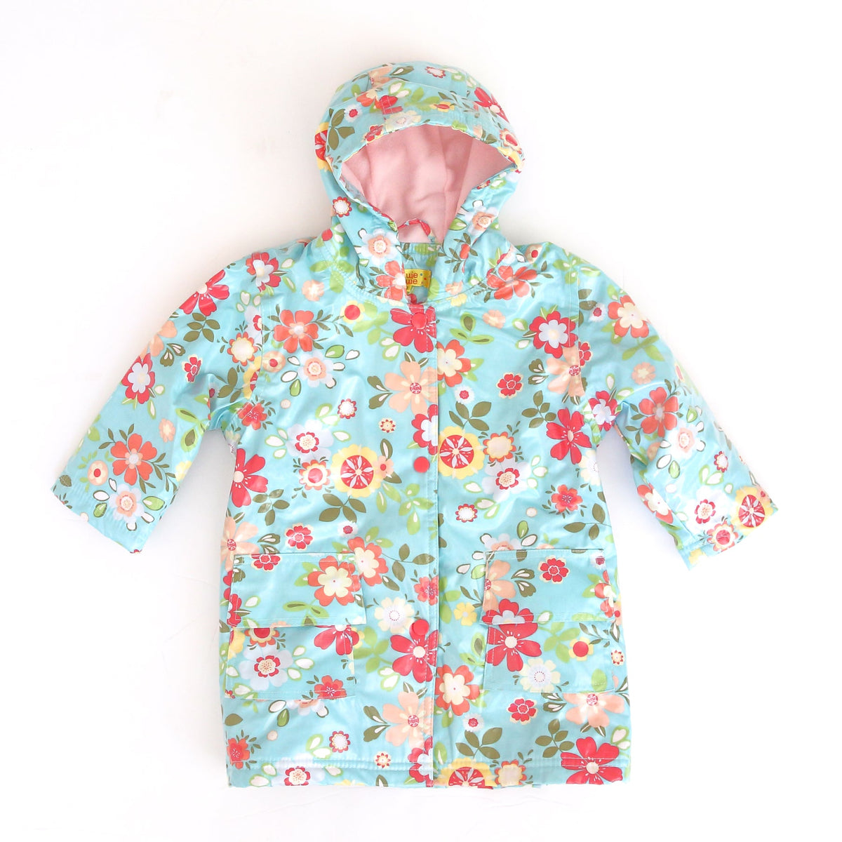 Kids light blue floral raincoat with hood, full-length zipper and pink lining