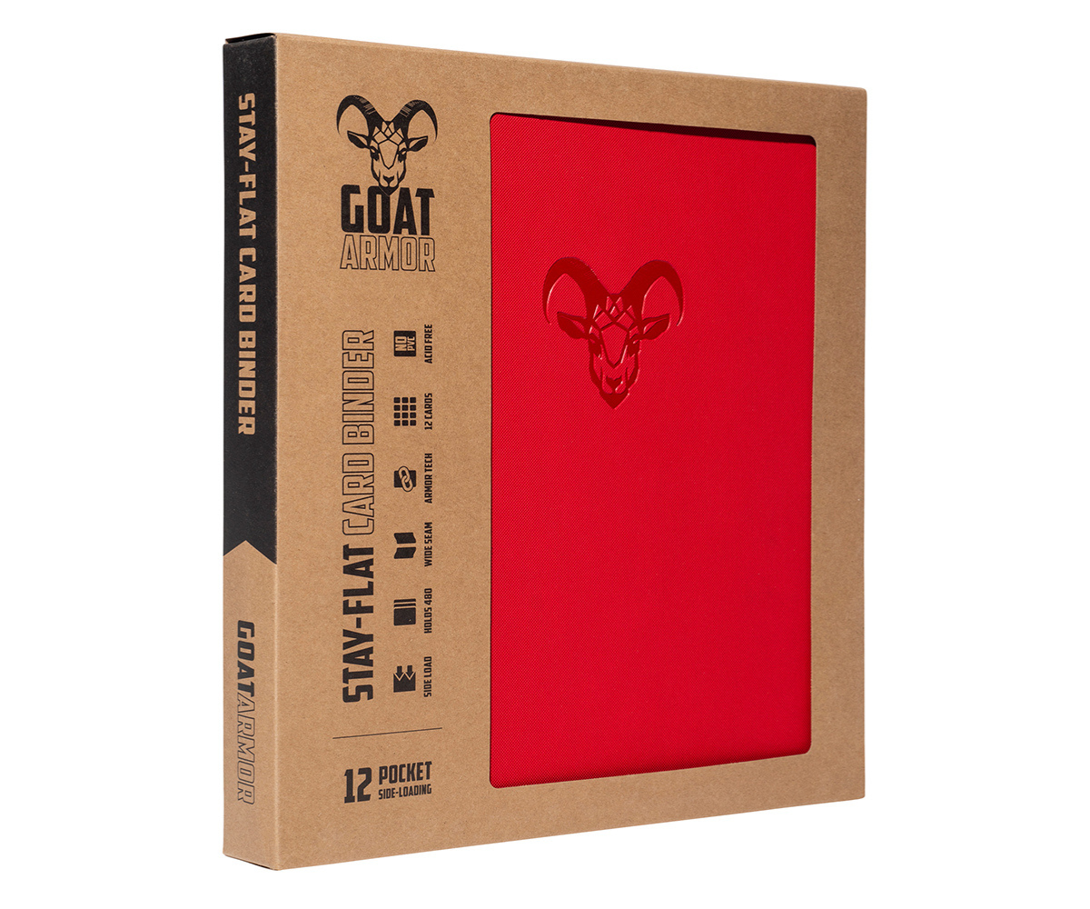 Card binder in box with red front panel and goat head emblem