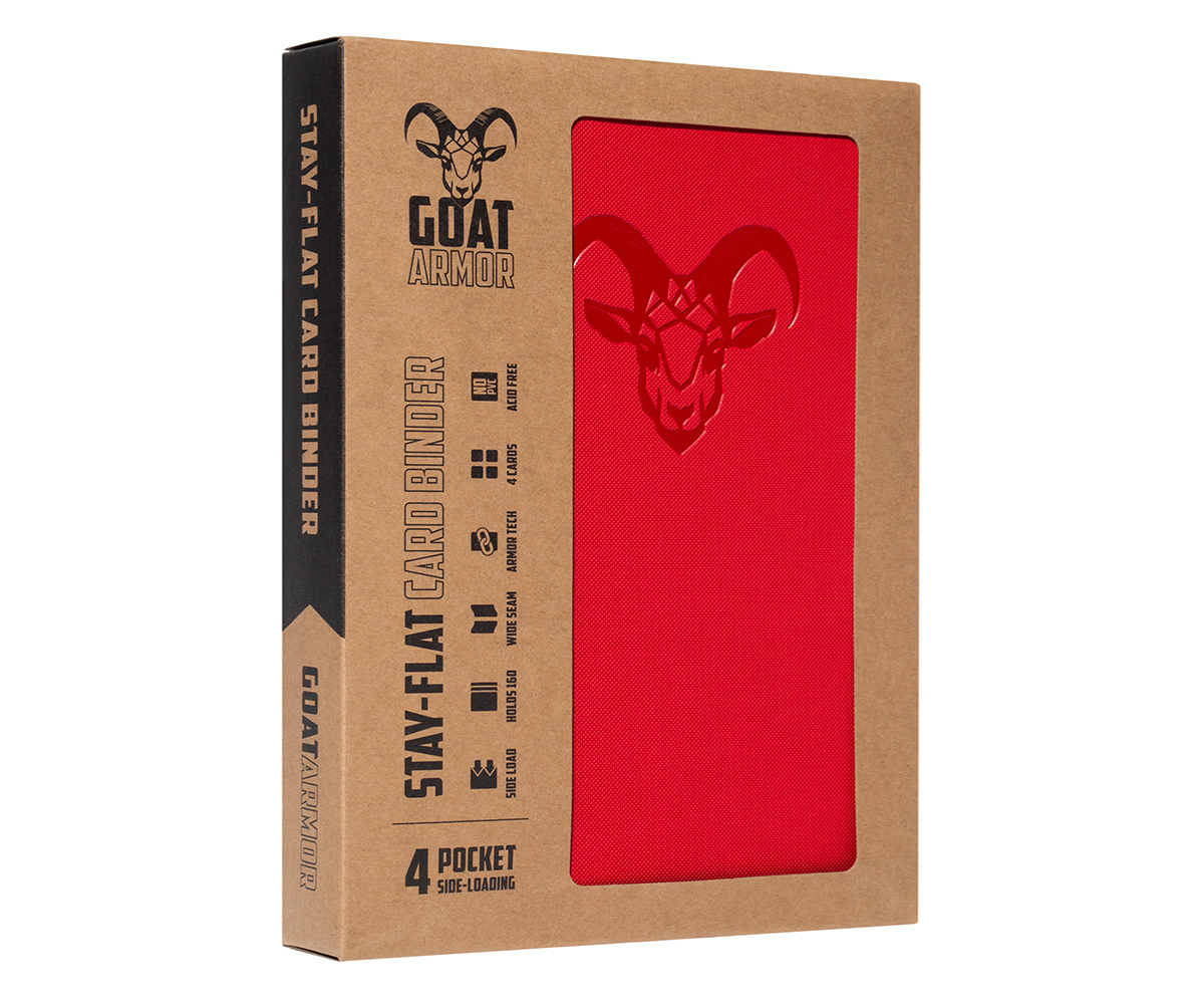 Red card binder shown through retail box window with goat emblem