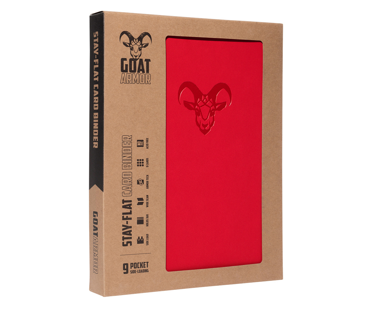 Stay Flat card binder, red front panel with goat icon and slide-on style