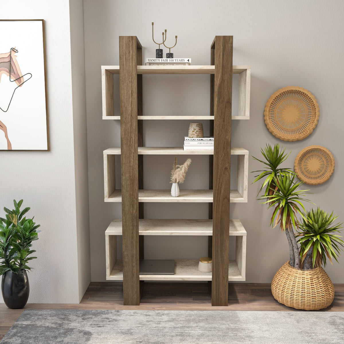 Modern bookcase with open shelves in walnut frame and white shelf panels