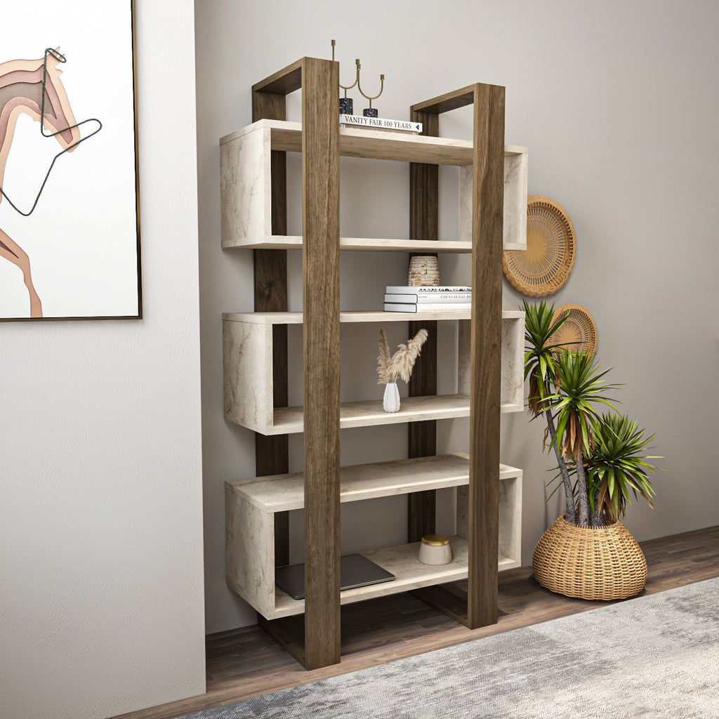 Modern bookcase with open shelves in light walnut and white panels