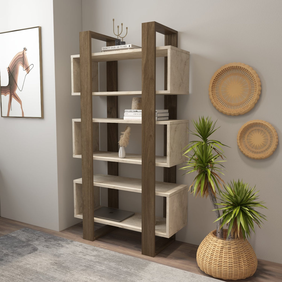 Modern bookcase with open shelves in dark walnut and light white panels