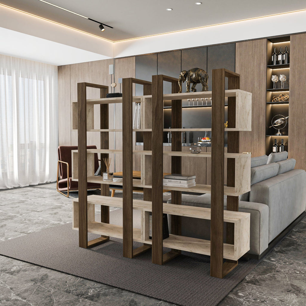 Modern bookcase with open shelves and dark walnut frame, 59 in wide