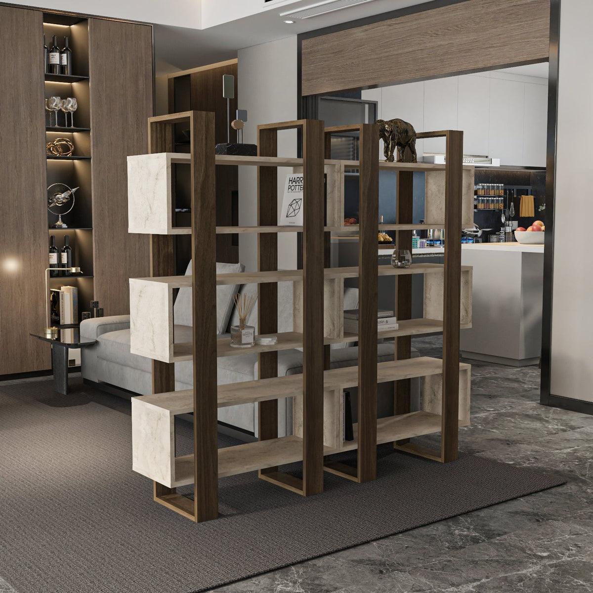 59-inch open-shelf bookcase with dark walnut frame and interior cubbies