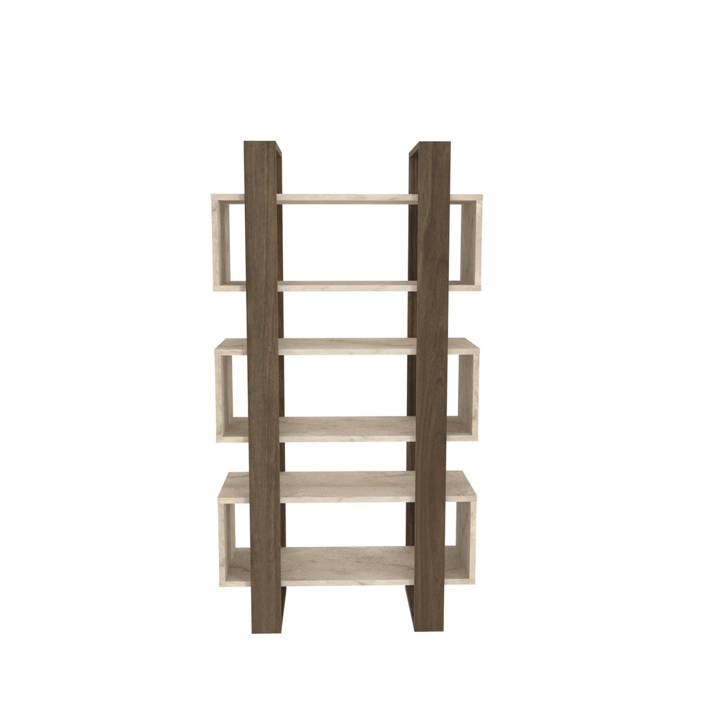 Modern open-shelf bookcase in light gray wood with white shelf panels