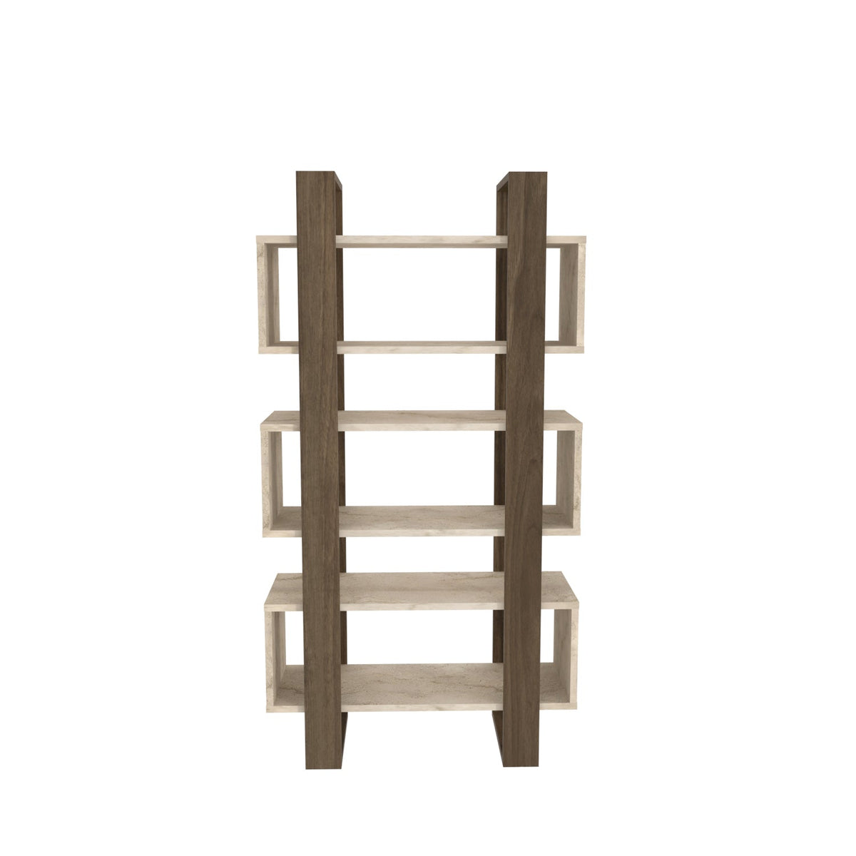 Modern open-shelf bookcase in light gray wood with white shelf panels