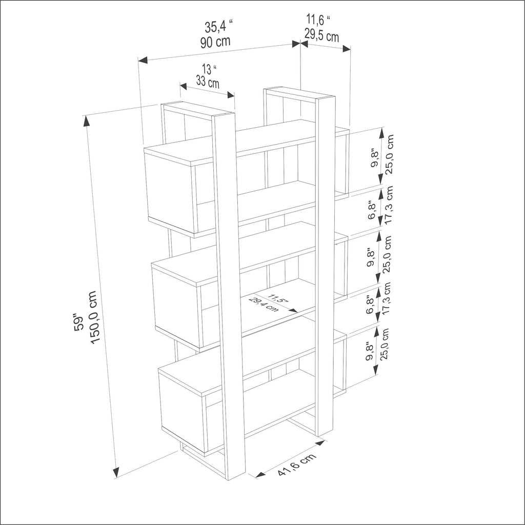 Modern bookcase diagram with dimensions, open shelves, and two side frames