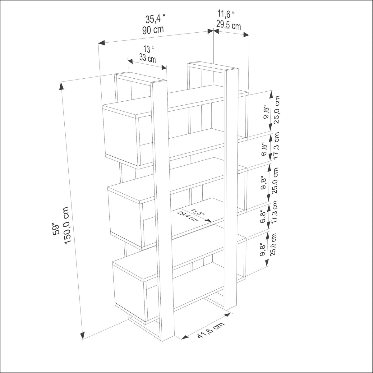 Modern bookcase diagram with dimensions, open shelves, and two side frames