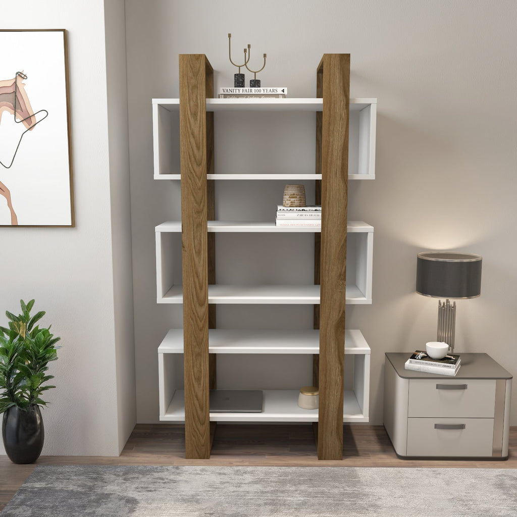 Wood bookcase with open shelves, light walnut finish, 59 in tall