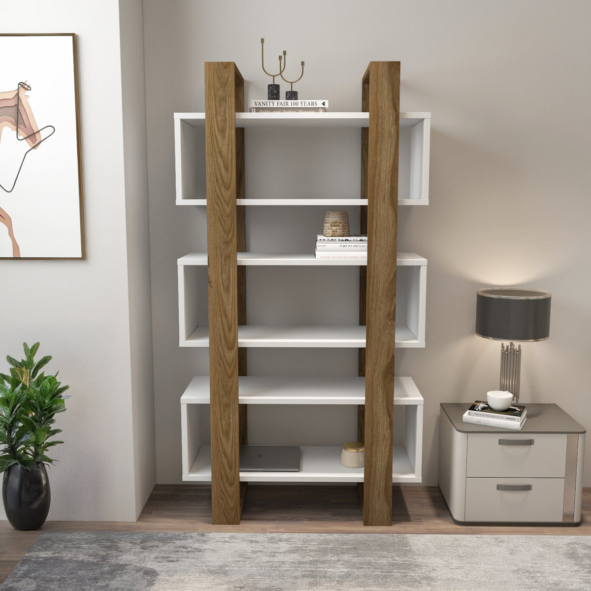Wood bookcase with open shelves, light walnut finish, 59 in tall