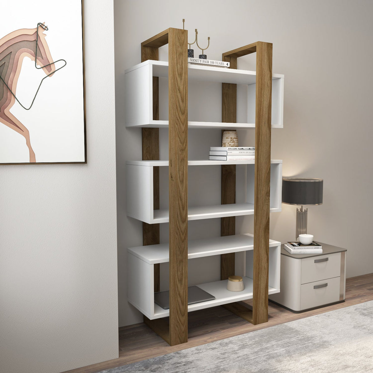 Modern bookcase with open shelves in white and light walnut finishes