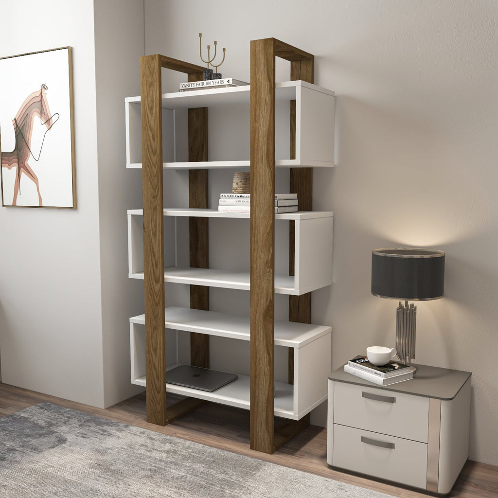 Modern open-shelf bookcase with light walnut frame and stacked cubbies, 59 in