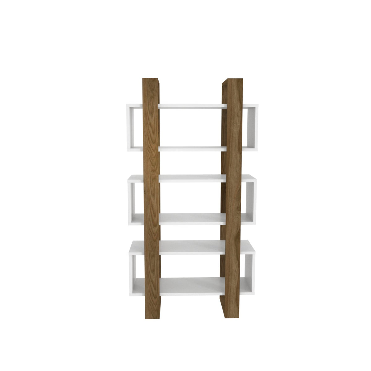 Open-shelf bookcase with light wood side panels and white backing, 59 in