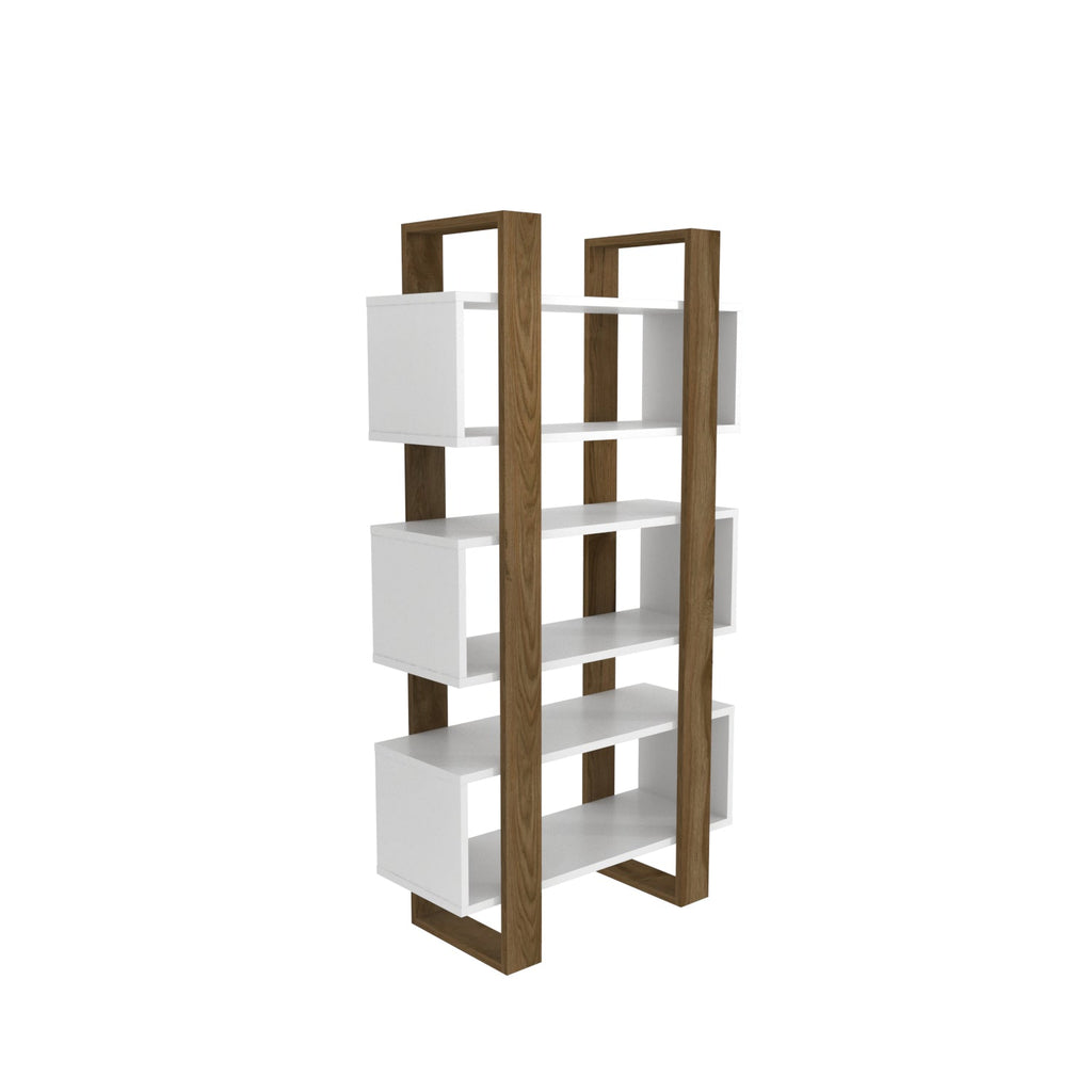 Modern open-shelf bookcase in white panels with warm walnut wood sides