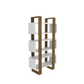 Modern open-shelf bookcase in white panels with warm walnut wood sides