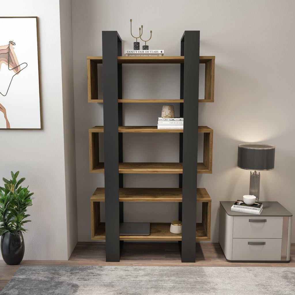 59-inch bookcase with open shelves in dark walnut and warm wood cubbies