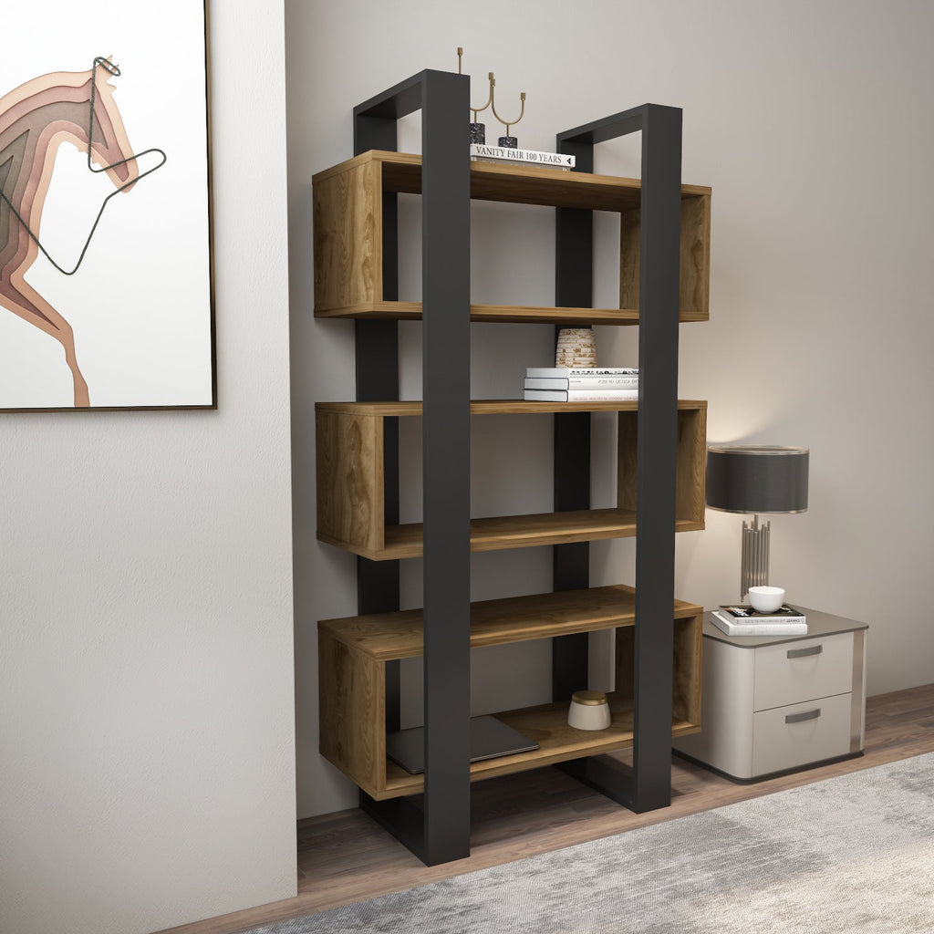 Modern bookcase with open shelves in walnut and dark gray frame
