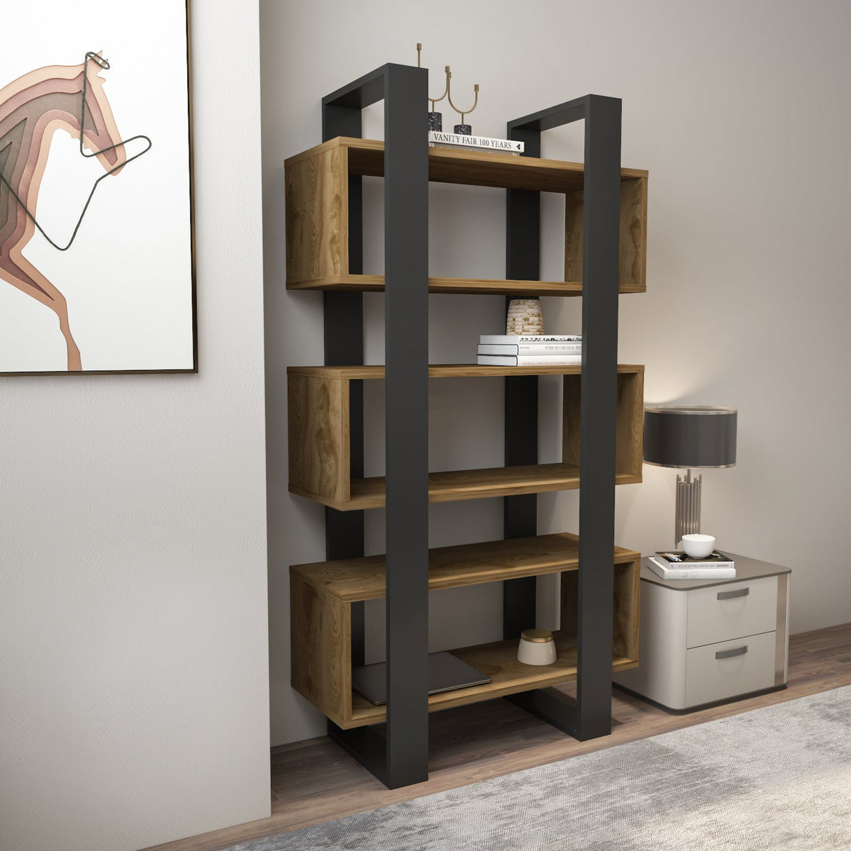 Modern bookcase with open shelves in walnut and dark gray frame