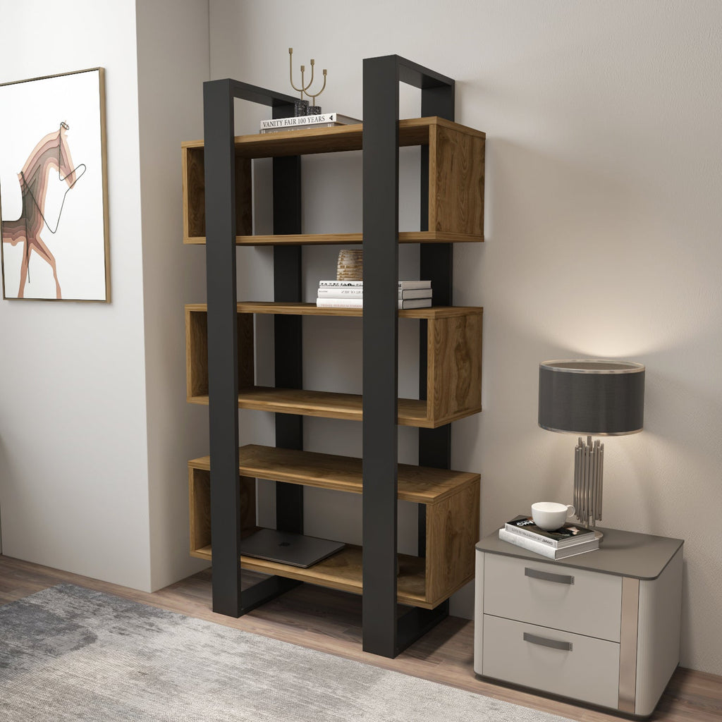 Modern open-shelf bookcase with dark frame and warm wood compartments, 59 in
