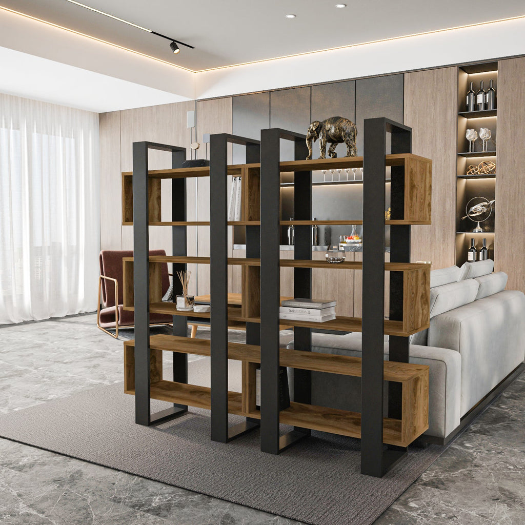 Open-shelf modern bookcase with dark walnut frame and light wood shelves, 59 in