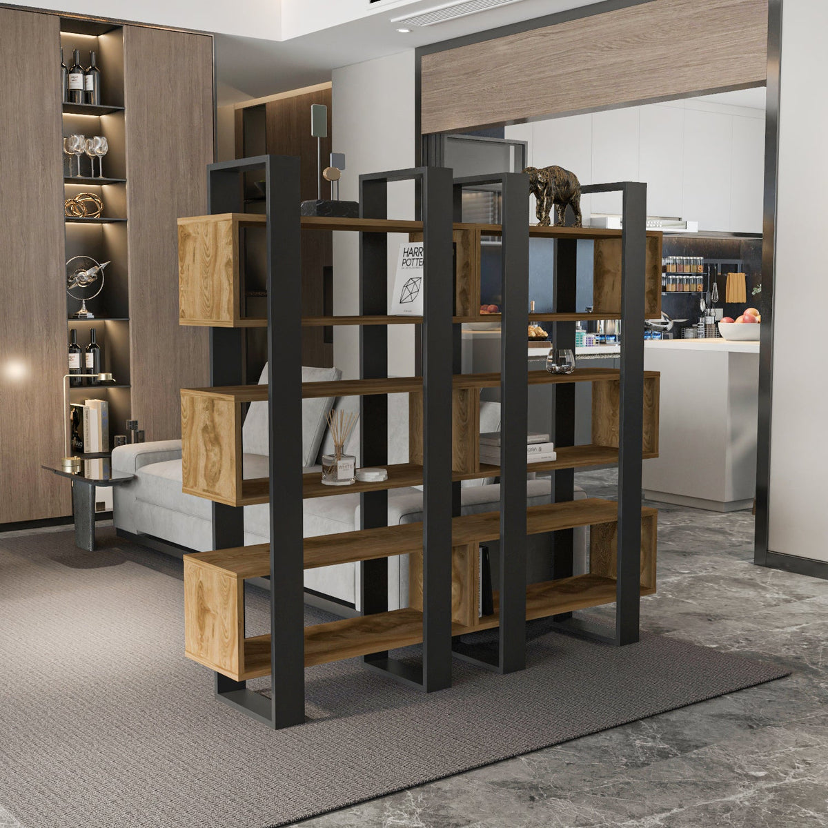 59-inch open shelf bookcase with dark frame and warm wood interior cubbies