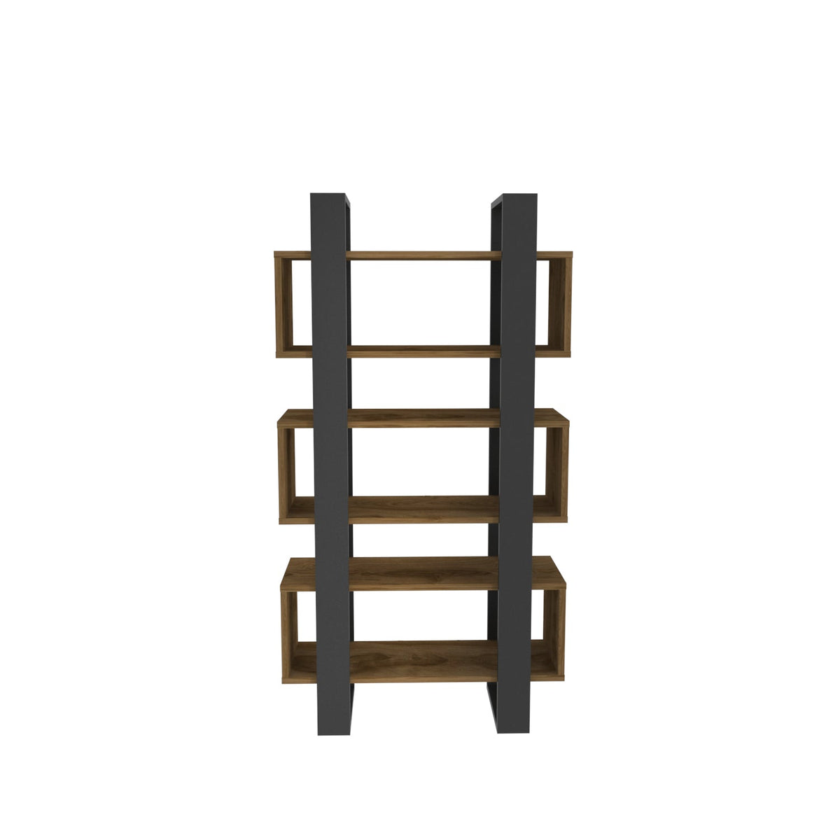 Open-shelf bookcase with dark frame panels and wood shelves, 59 in