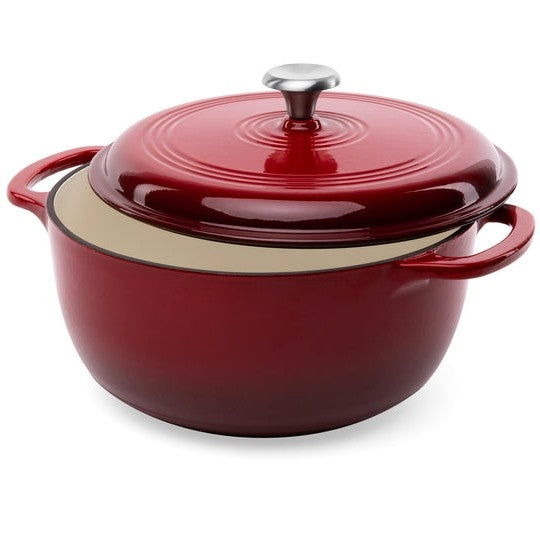 Red enamel cast-iron Dutch oven with lid and side handles