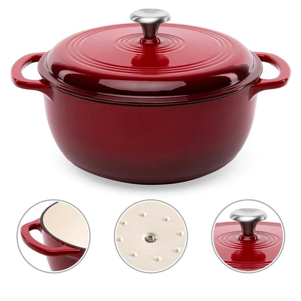 Red enamel Dutch oven with domed lid and side handles, knob on top
