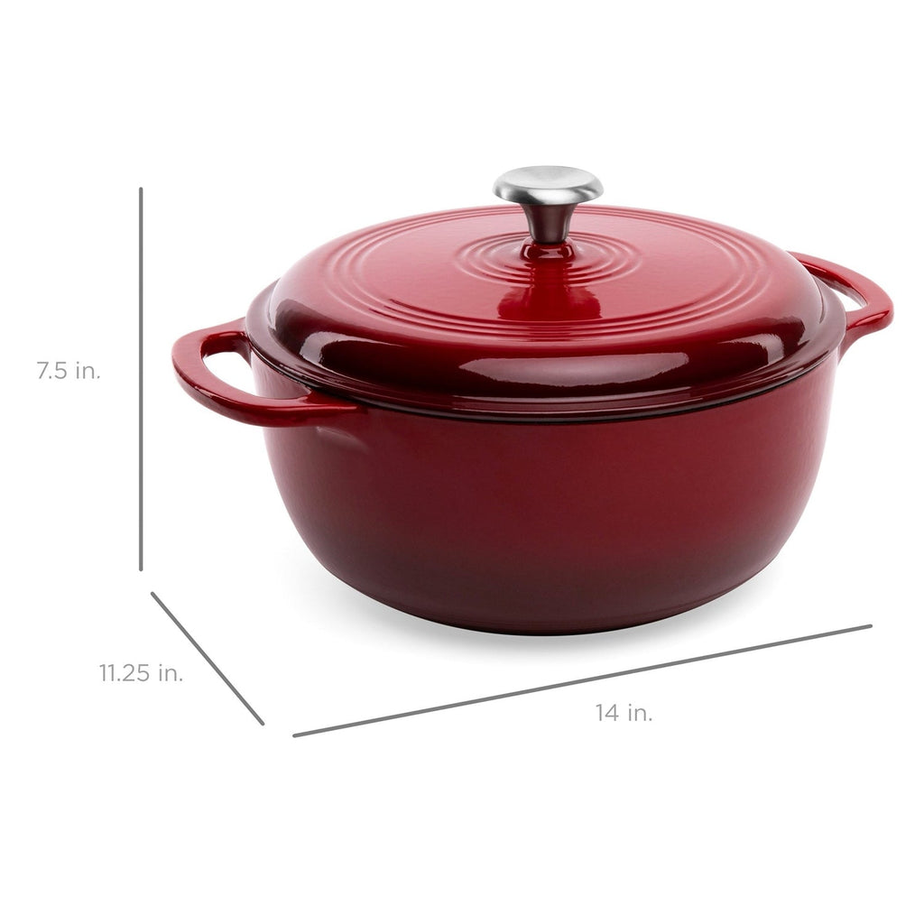 Red enamel cast-iron Dutch oven with lid; size dimensions shown