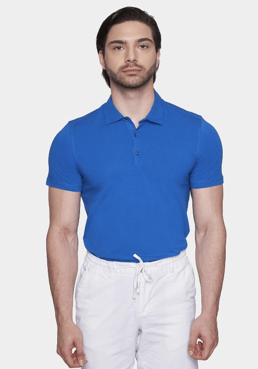 Royal blue mercerized cotton polo shirt with short sleeves and 3-button placket.