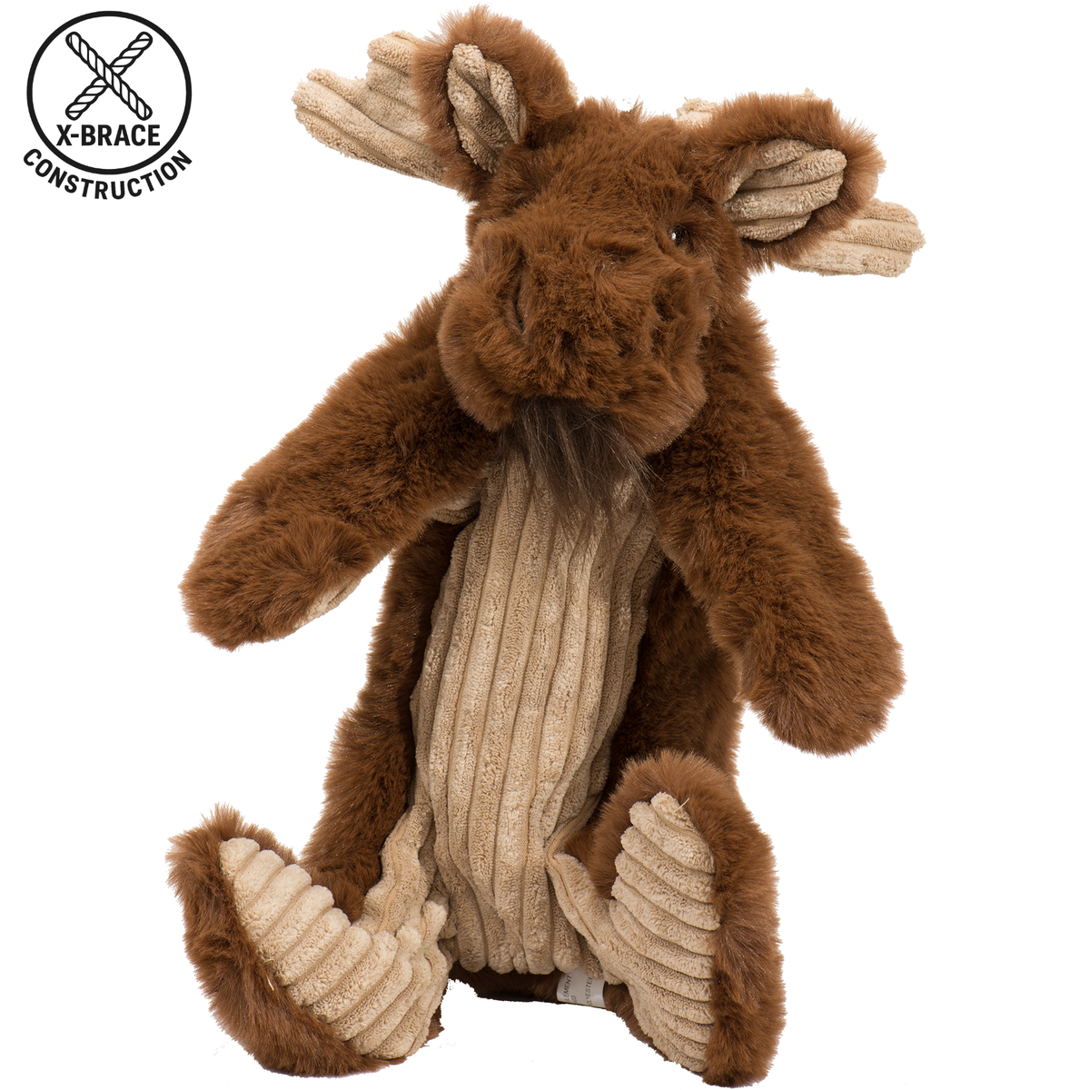 Maple Moose X-Brace plush dog toy with brown fur and cream textured fabric body
