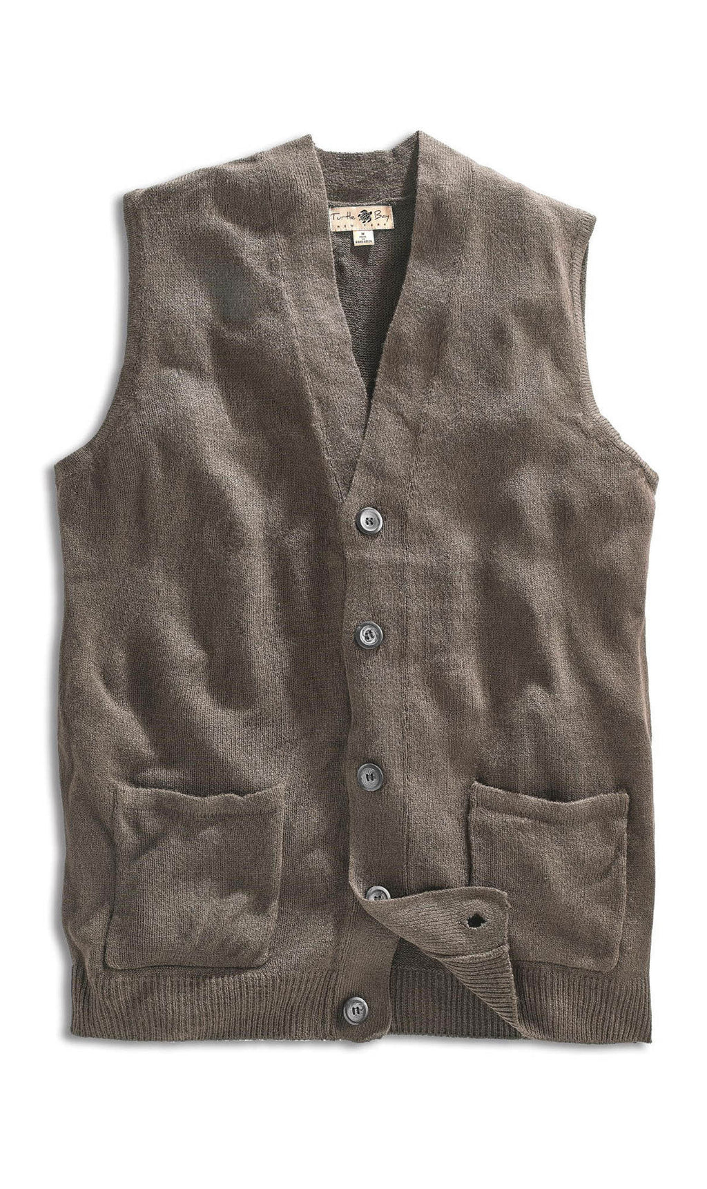 Cashmere-like knit sweater vest in taupe with button front and two patch pockets