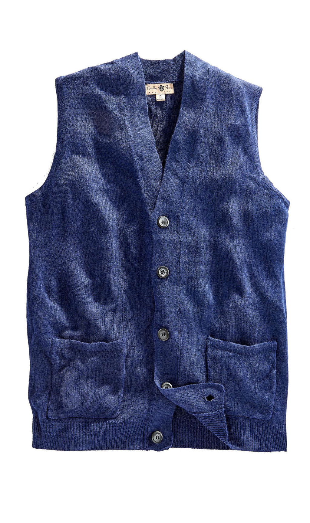 Men's cashmere-like sweater vest in navy with button front and two chest pockets