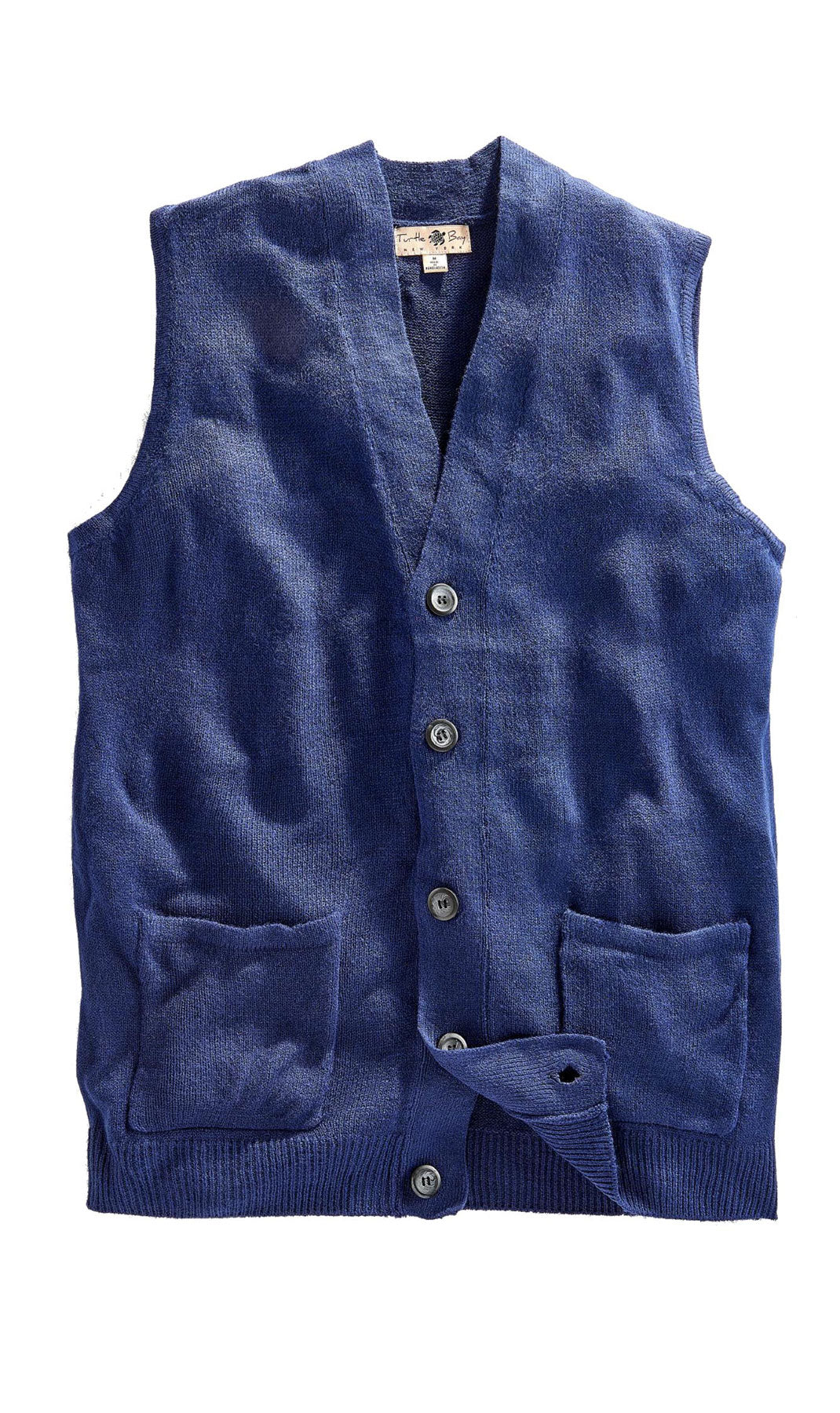 Men's cashmere-like sweater vest in navy with button front and two chest pockets